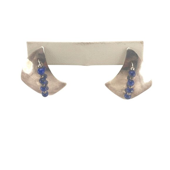 Scara Sterling Handmade Vintage Lapis Lazuli Beaded Post Earrings 1 3/4" - Picture 4 of 8